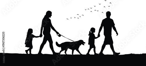 Family walking dog in park with birds flying overhead silhouette.