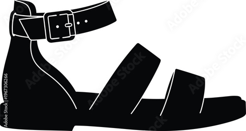 Black silhouette of a women's sandal with strap and buckle, footwear design.