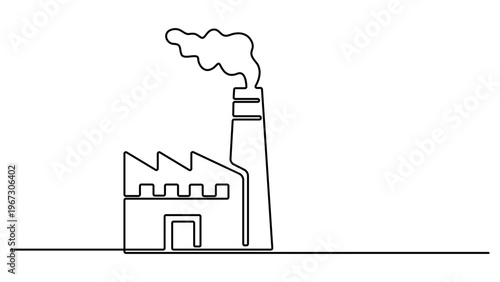 Drawing of an industrial plant or factory with a chimney in one line art style. Factory architecture buildings and landmark. Air pollution ecology concept