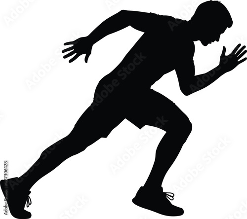 Silhouette of male runner in mid-stride, athletic posture, ready to sprint.