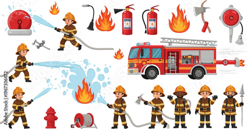 Firefighter Emergency Response Set with Fire Truck, Hose, Extinguishers, Fire Alarm, and Firefighting Tools for Safety and Rescue