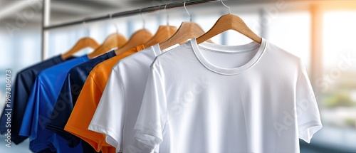 Colorful cotton t-shirts hang on racks in a modern factory showcasing various designs during the textile printing process