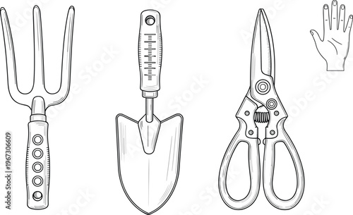 Gardening tools set with trowel, pruner, fork and hand illustration.