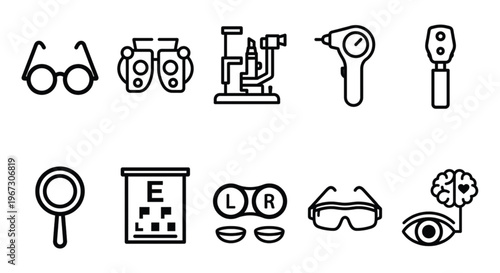 Ophthalmology and eye care line icon set featuring glasses, eye exam chart, contact lenses, and optometry equipment.