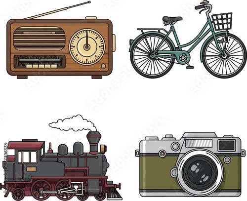 vintage objects, radio, bicycle, train, camera