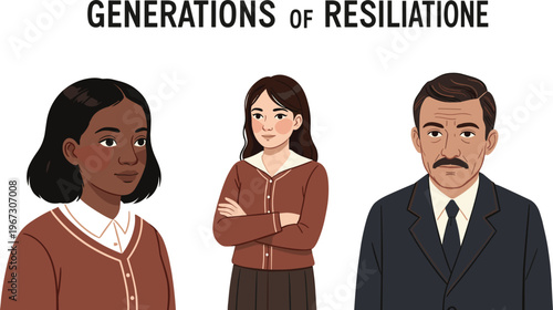 Generations of Resilience Set with Diverse Characters Representing Strength and Perseverance for Historical and Inspirational Design