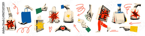 Cut out art collage elements set. Halftone hands holding paper bags, hand gestures, payment. Vintage stickers with doodles for sale, shopping and discount. Modern retro vector illustration isolated