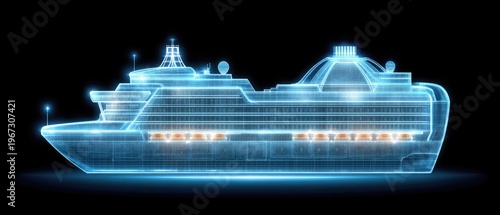 Futuristic yacht sails in ocean with glowing digital wireframe design on dark background for advanced sea travel concept