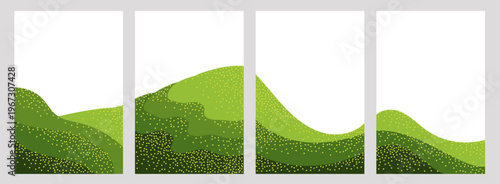 Green rice terrace landscape cover set with layered fields and stipple dotted texture. Vector illustration for Sustainable agriculture report, Food packaging and organic branding, Asia travel banner