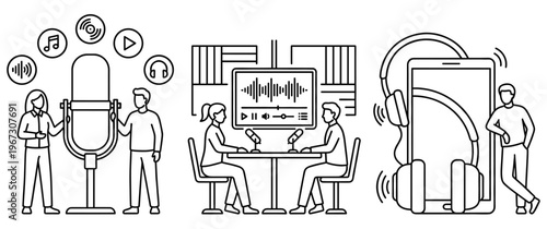Radio podcast recording and mobile audio listening concept set icons.