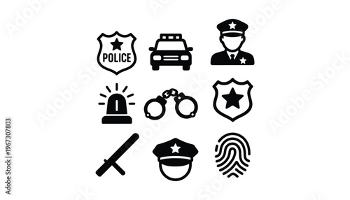 Police icon set including silhouette illustrations of law enforcement symbols