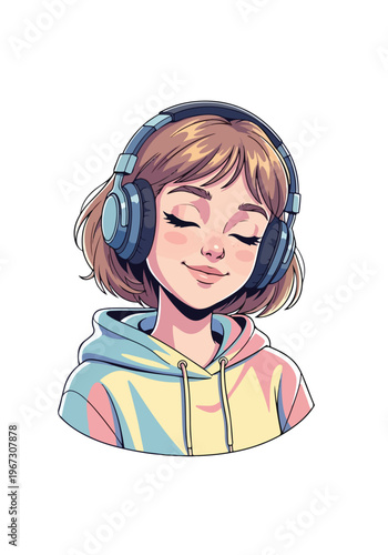 アニメスタイルで描かれたヘッドホンで音楽を聴く若い女性のベクターイラスト, パステルカラーのパーカーを着て目を閉じリラックスする女の子のキャラクター, 音楽鑑賞やポッドキャストを楽しむ女性のポートレート素材