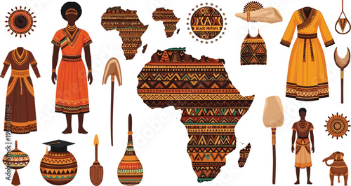 African Culture and Heritage Set with Traditional Clothing, Artifacts, Africa Map, and Cultural Icons for Black History Celebration