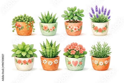 Floral Garden Variety: A vibrant array of potted succulents and flowering plants, each nestled in its own decorative ceramic pot, creates a charming still life.