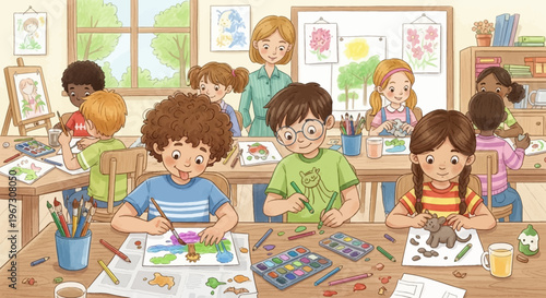 Colorful illustration of children painting landscape artwork together
