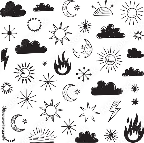 Collection of various weather icons and symbols in black and white