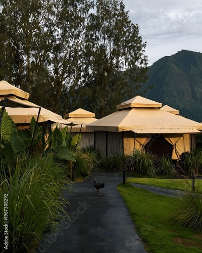 Luxury glamping tents in tropical mountain resort with lush greenery and pathway