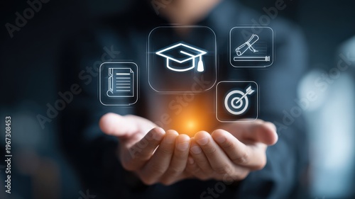 Wallpaper Mural Online education and e-learning concept presented by a person holding digital icons, representing the pursuit of knowledge Torontodigital.ca