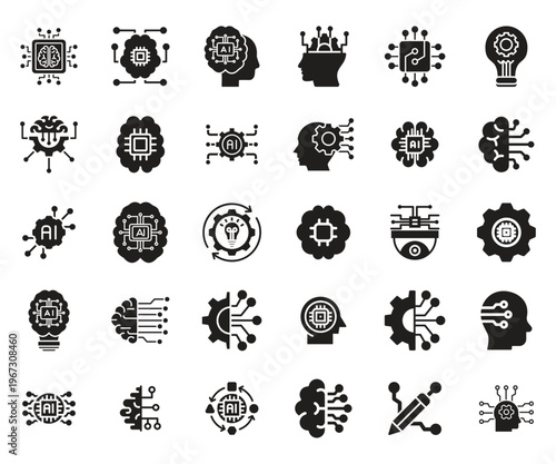 A collection of black glyph icons representing artificial intelligence machine learning and digital brains high-quality professional detailed modern elegant stylish
