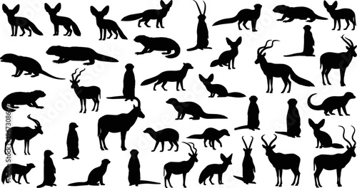 Collection of African wildlife animal silhouettes featuring meerkats fennec foxes antelopes and mongooses in various poses isolated on white background for nature design projects