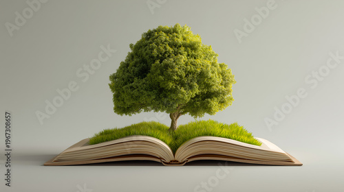 Tree growing from an open book symbolizing knowledge, growth, and the connection between learning and nature.