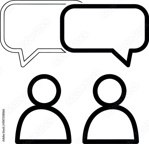 Simple line art illustration of two people talking with speech bubbles isolated on white background