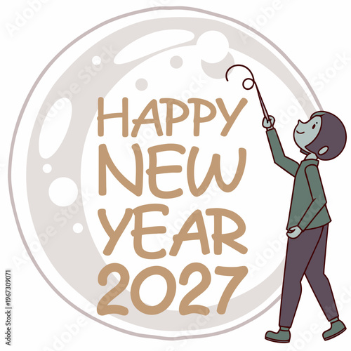 Cartoon man holding a fishing rod next to a happy new year 2027 sign