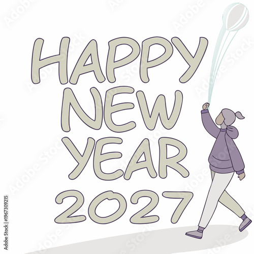 Cartoon woman celebrating happy new year 2027 with confetti popper on isolated with text