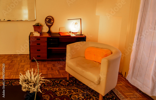 he interior of a psychologist’s practice characterised by a classic, elegant atmosphere, featuring a classic rug, a white armchair and a pink cushion next to a low bookcase