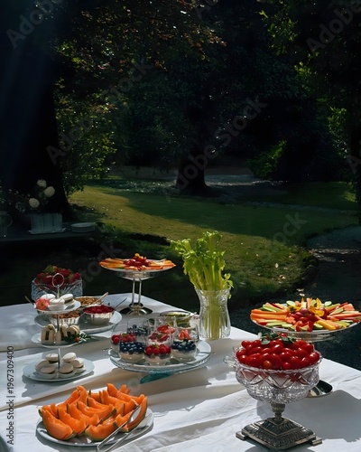 Elegant outdoor garden table with healthy snacks, fruits and desserts in sunlight