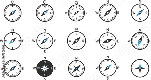 Compass Icon Set with Directional Markers for Navigation, Travel, and Map Design in Flat Style