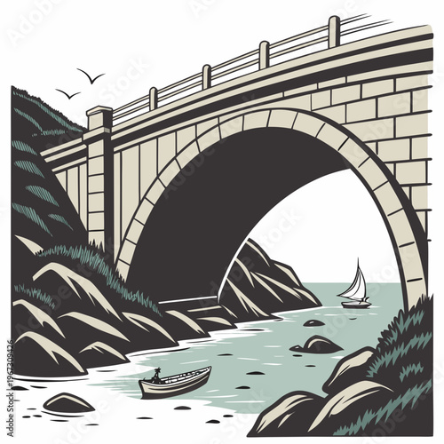 A serene illustration of a stone bridge spanning a river with a boat and sailboat beneath it on a calm sea with rocky shores and birds flying overhead in a natural landscape