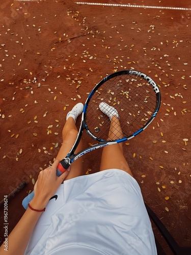 Tennis player holding racket on clay court with fallen leaves, top view
