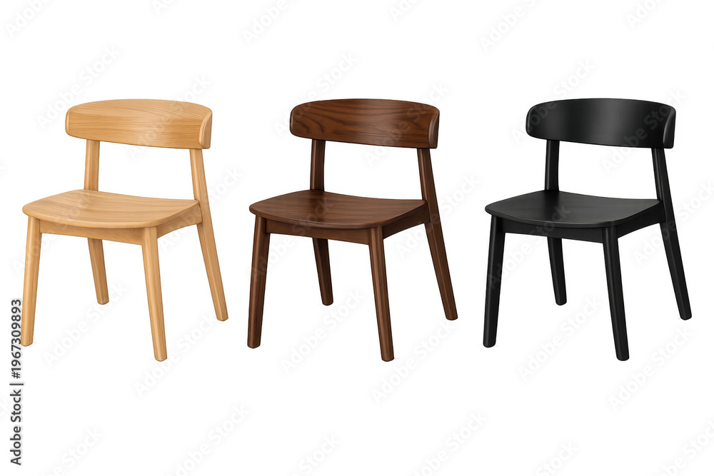 Obraz premium Three modern wooden dining chairs on transparent background