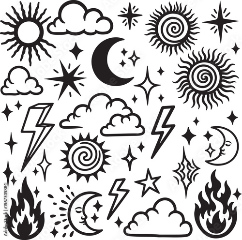 Collection of celestial and weather icons in black and white