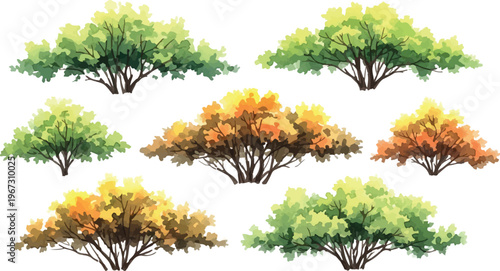 Watercolor garden bushes and shrubs collection, set of 7 green and orange landscape plants, botanical vegetation elements for architectural design isolated PNG with Transparent Background