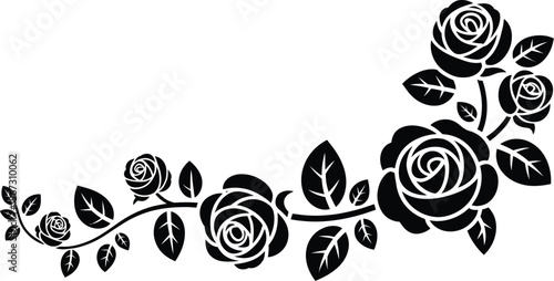 Rose floral border, horizontal decorative vector with connected stems leaves and blooming flowers isolated on white background for elegant design.