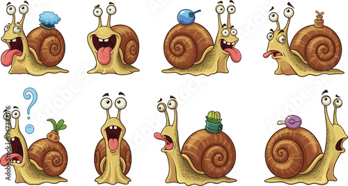Cartoon Snail Set with Funny Expressions, Accessories, and Accessories for Cute Animal Illustrations and Designs