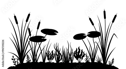 Black silhouette of cattails and lily pads.