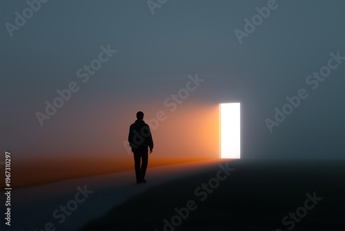 Person walks towards bright door in the fog at dusk