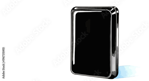 Black storage device on white background with reflective surface  