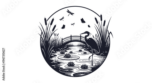 Black and white illustration heron standing.