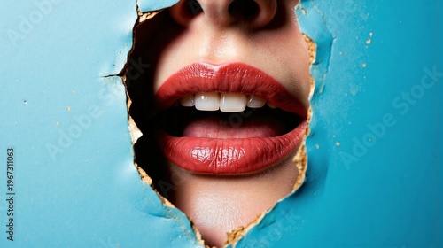 Bright glossy lips smiling through torn paper wall cutout