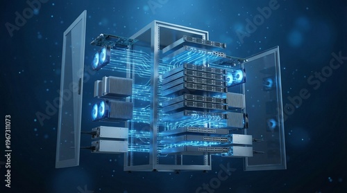 Conceptual 3D Exploded View of a 2026 Server Rack