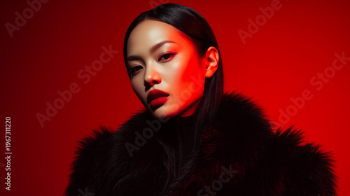 High-fashion portrait of a woman with sleek hair and bold makeup against a vivid red background.