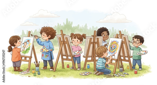 children's art class with teacher and rainbow paintings