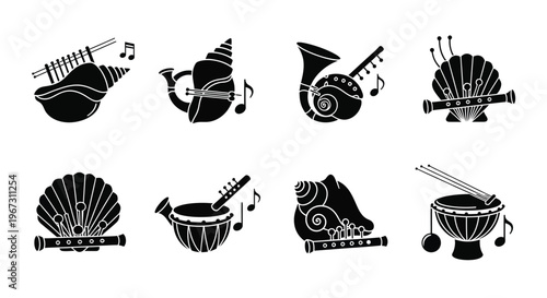 Collection of black silhouette musical instruments including horns shells and drums