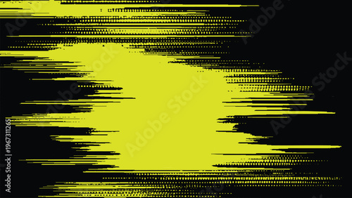 Glowing yellow distorted digital noise effect on black background with horizontal lines and dots abstract digital art