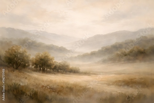 Misty mountain valley landscape with golden autumn trees