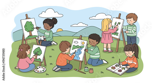 children painting trees on canvas in art studio